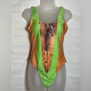 Neon Green Tan Abstract Print One Piece Swim- M